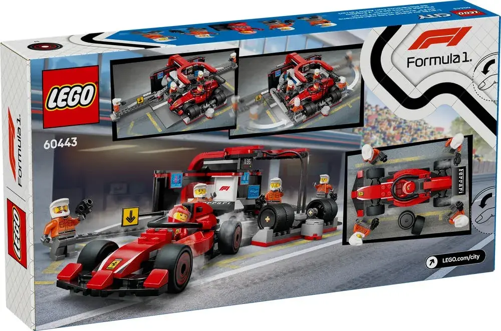 LEGO City 60443 F1 Pit Stop & Pit Crew with Ferrari Car box back
