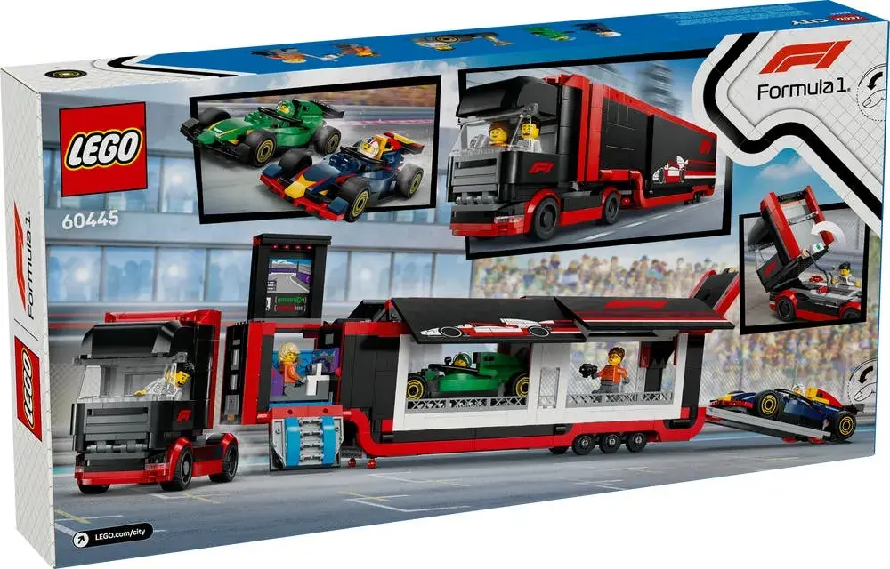 LEGO City 60445 F1 Truck with RB20 & AMR24 F1 Cars box back